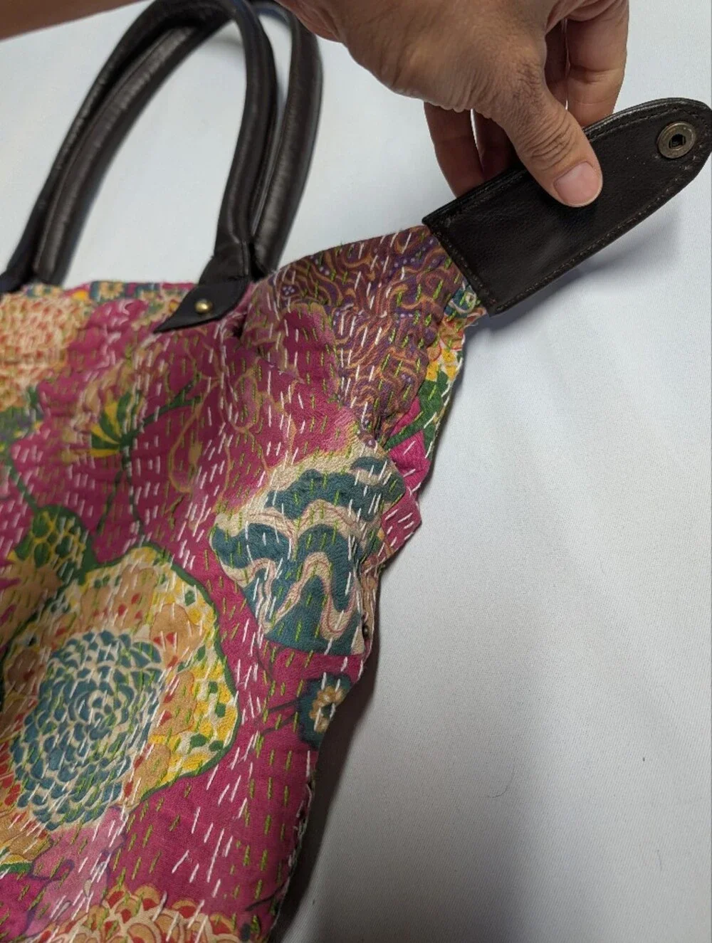 Vintage Quilted Floral Kantha Tote with Multicolor Accents + Leather Straps